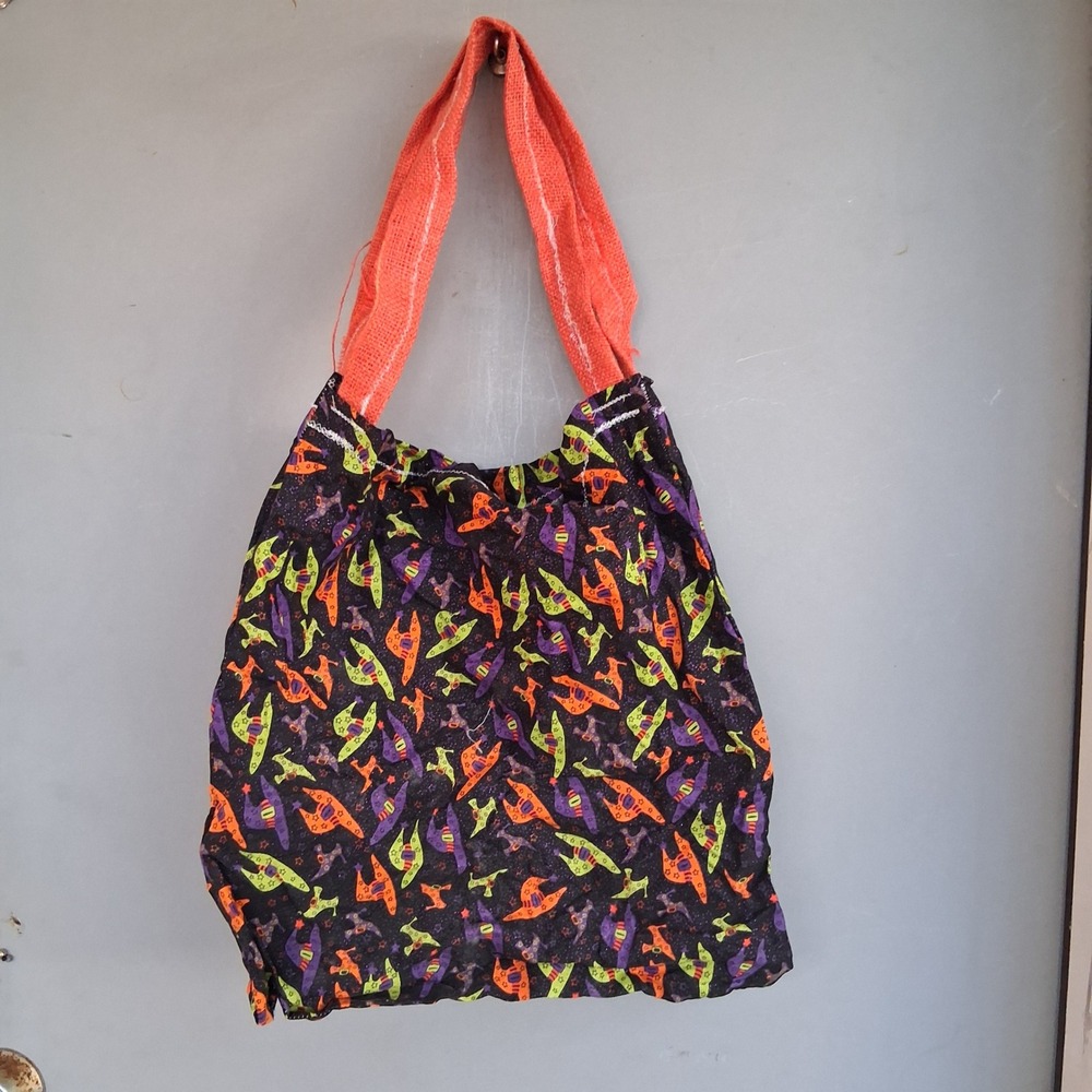 Handmade Halloween Witch Hat Print Tote Bag Black Orange Burlap Handles Glitter